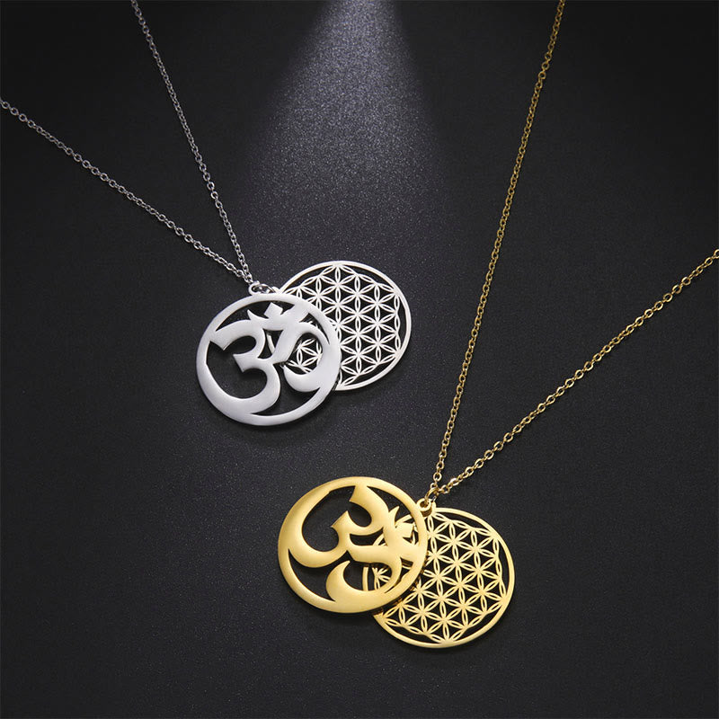 Collana con ciondolo in acciaio inossidabile con simbolo Om e design a forma di fiore cavo Buddha Stones - image 14