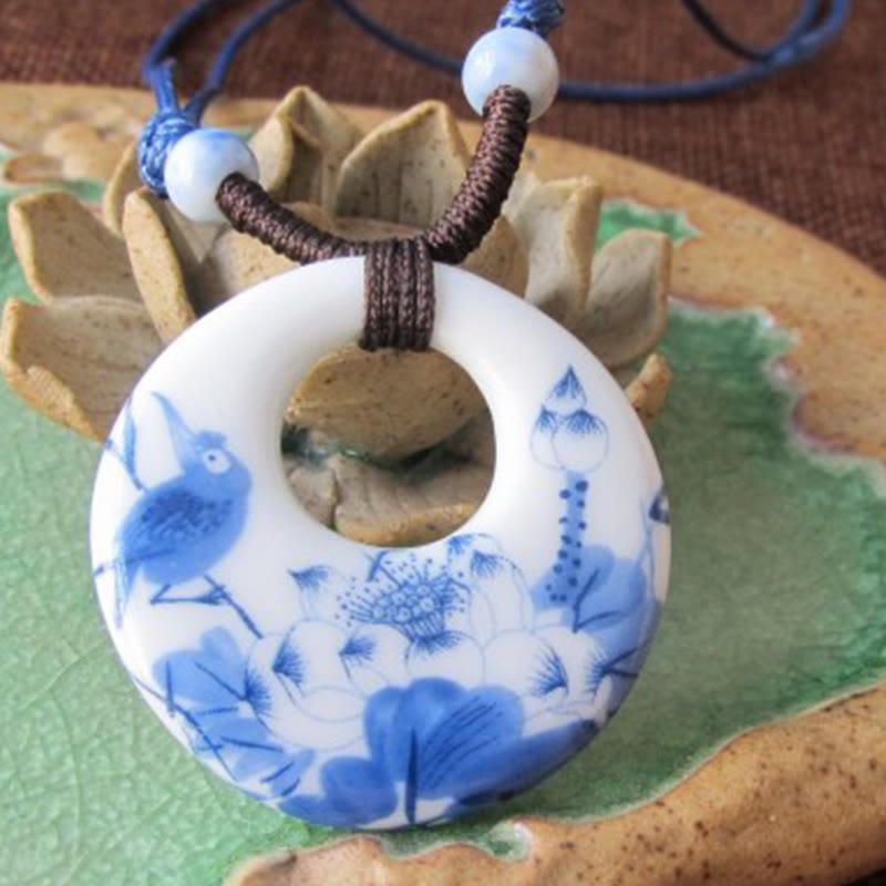 Buddha Stones con ciondolo dell'illuminazione in ceramica con simbolo di loto, simbolo etnico di peonia e fiori di pesco. - image 6