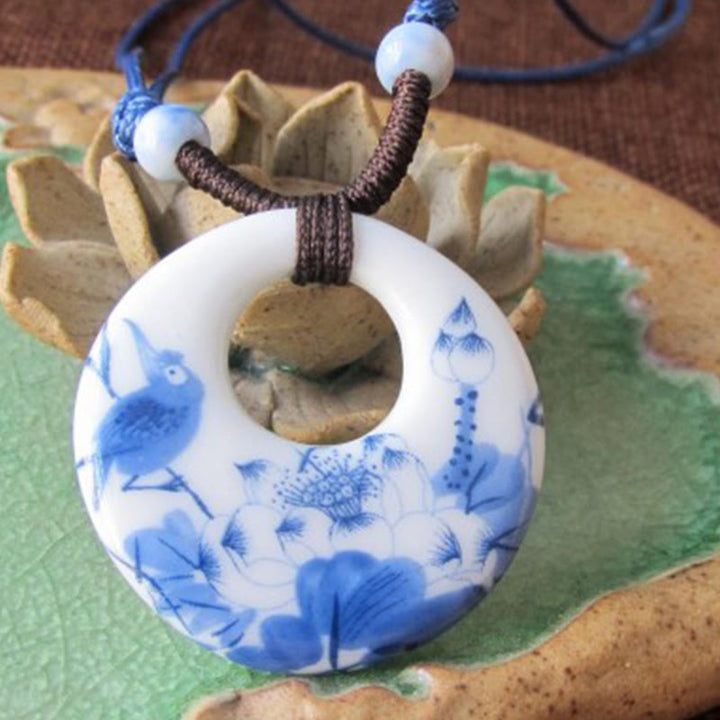 Buddha Stones con ciondolo dell'illuminazione in ceramica con simbolo di loto, simbolo etnico di peonia e fiori di pesco. - image 6