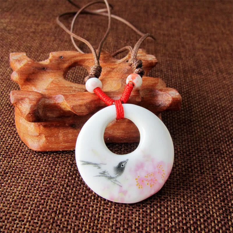 Buddha Stones con ciondolo dell'illuminazione in ceramica con simbolo di loto, simbolo etnico di peonia e fiori di pesco. - Fiori di pesco - image 13