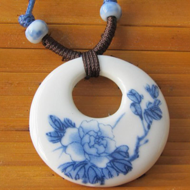 Buddha Stones con ciondolo dell'illuminazione in ceramica con simbolo di loto, simbolo etnico di peonia e fiori di pesco. - image 2