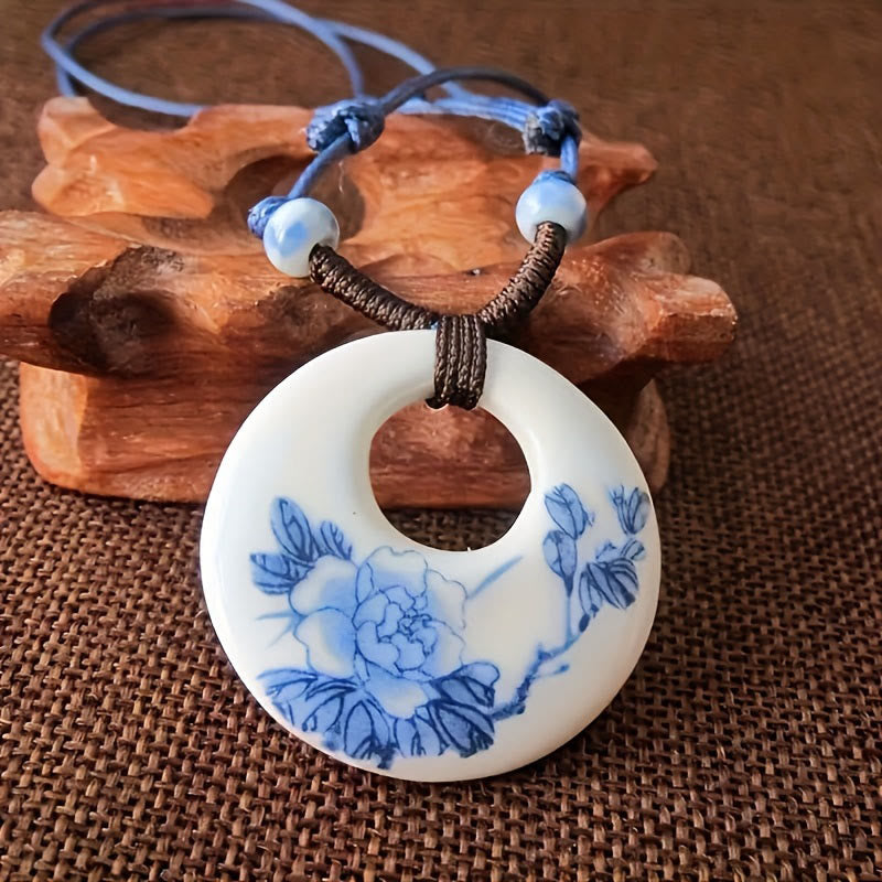 Buddha Stones con ciondolo dell'illuminazione in ceramica con simbolo di loto, simbolo etnico di peonia e fiori di pesco. - Peonia - image 0