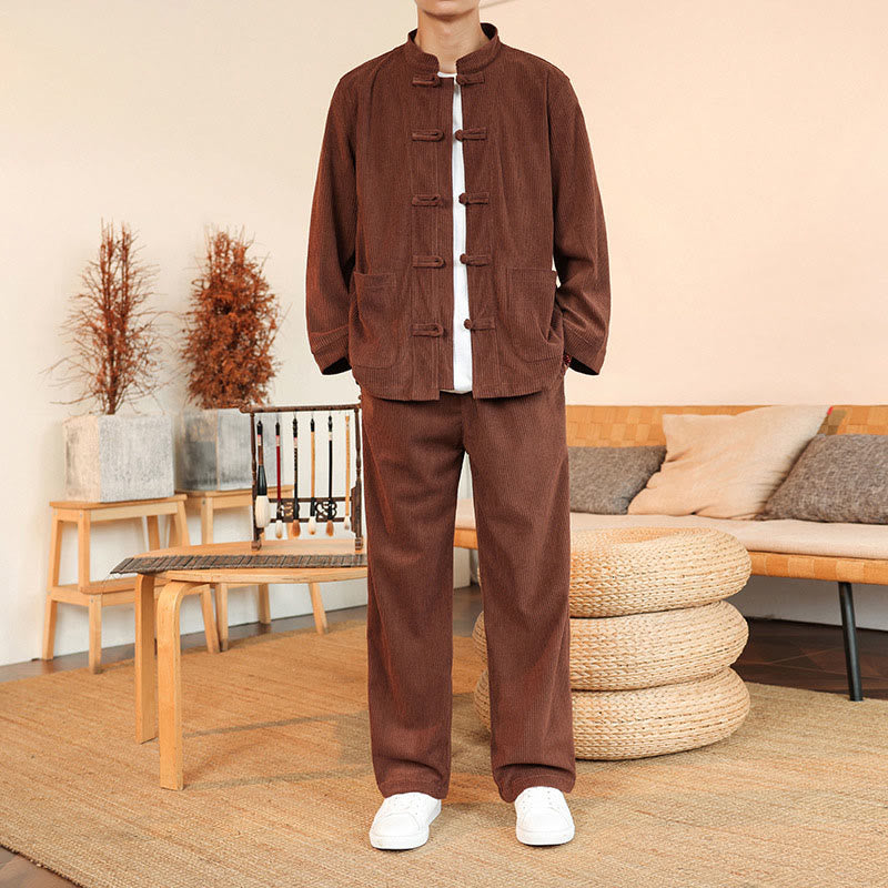 Set da 2 pezzi da uomo in velluto a coste di cotone con bottoni a rana, camicia a maniche lunghe e pantaloni, Buddha Stones - Cioccolato - US/UK/AU46, EU56 (5XL) - image 0