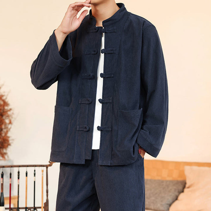 Set da 2 pezzi da uomo in velluto a coste di cotone con bottoni a rana, camicia a maniche lunghe e pantaloni, Buddha Stones - image 35