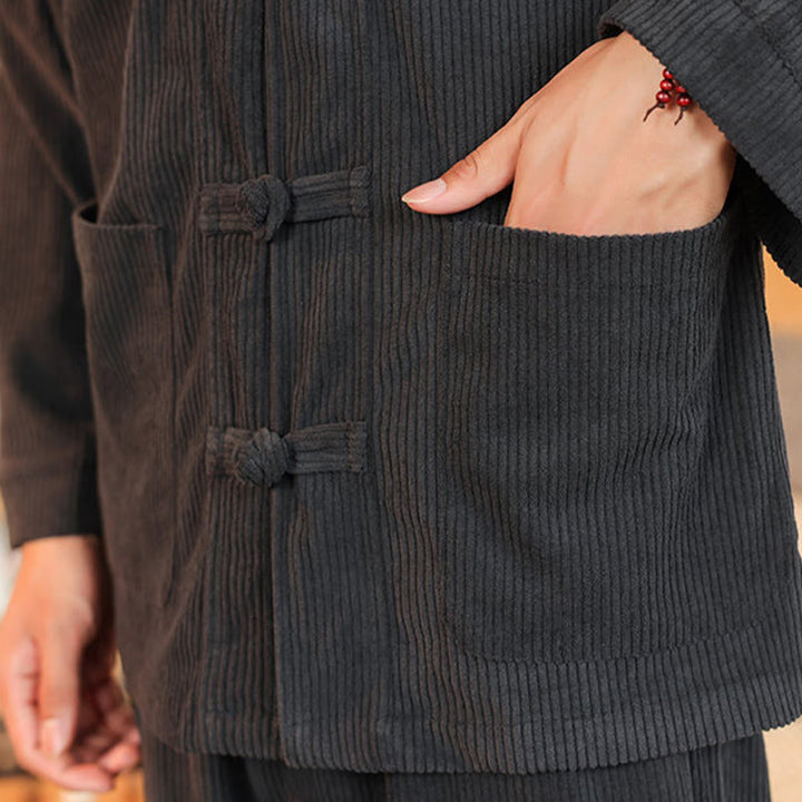 Set da 2 pezzi da uomo in velluto a coste di cotone con bottoni a rana, camicia a maniche lunghe e pantaloni, Buddha Stones - image 18