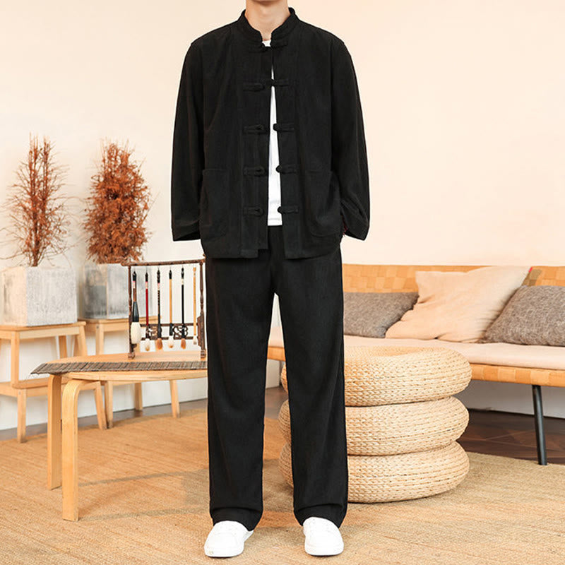 Set da 2 pezzi da uomo in velluto a coste di cotone con bottoni a rana, camicia a maniche lunghe e pantaloni, Buddha Stones - image 22