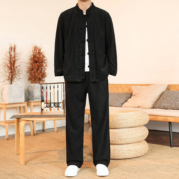 Set da 2 pezzi da uomo in velluto a coste di cotone con bottoni a rana, camicia a maniche lunghe e pantaloni, Buddha Stones - image 22