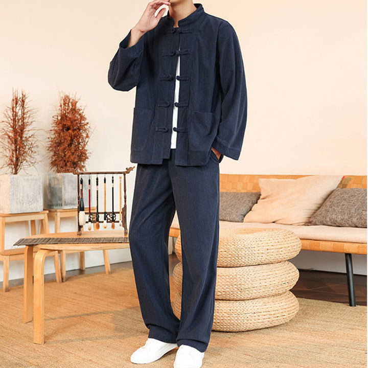 Set da 2 pezzi da uomo in velluto a coste di cotone con bottoni a rana, camicia a maniche lunghe e pantaloni, Buddha Stones - image 33