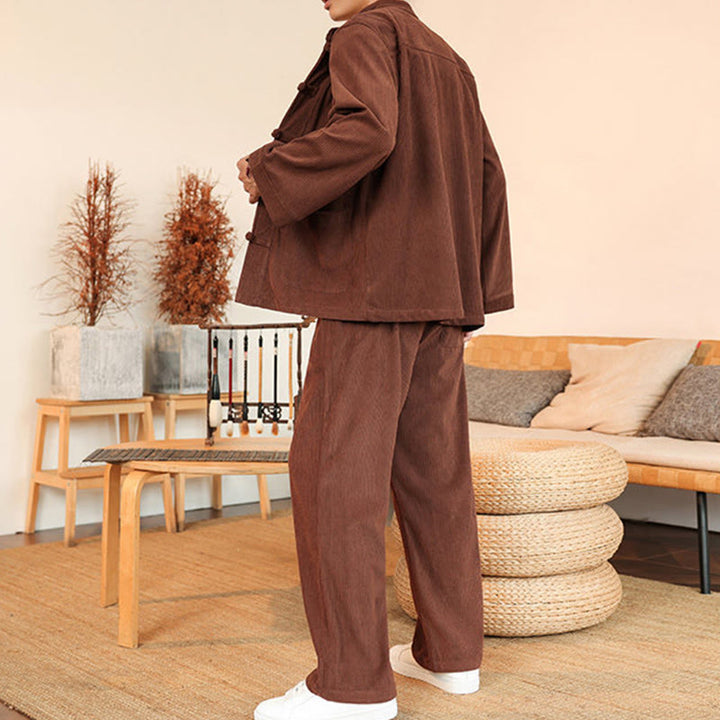 Set da 2 pezzi da uomo in velluto a coste di cotone con bottoni a rana, camicia a maniche lunghe e pantaloni, Buddha Stones - image 3