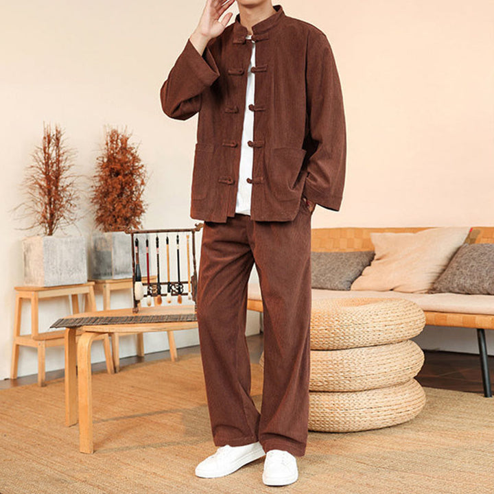 Set da 2 pezzi da uomo in velluto a coste di cotone con bottoni a rana, camicia a maniche lunghe e pantaloni, Buddha Stones - image 2
