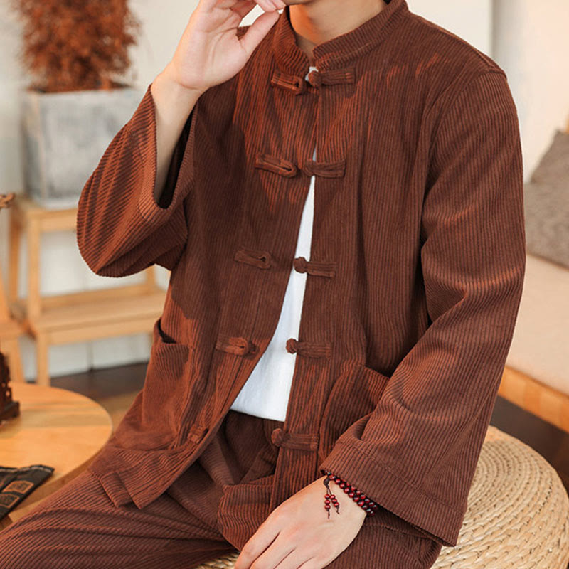 Set da 2 pezzi da uomo in velluto a coste di cotone con bottoni a rana, camicia a maniche lunghe e pantaloni, Buddha Stones - image 8