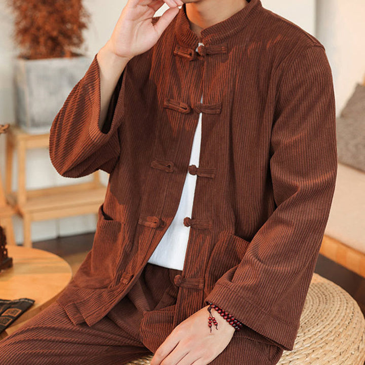 Set da 2 pezzi da uomo in velluto a coste di cotone con bottoni a rana, camicia a maniche lunghe e pantaloni, Buddha Stones - image 8