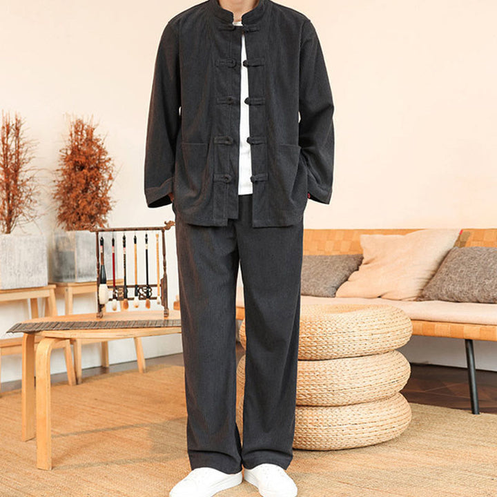 Set da 2 pezzi da uomo in velluto a coste di cotone con bottoni a rana, camicia a maniche lunghe e pantaloni, Buddha Stones - image 10