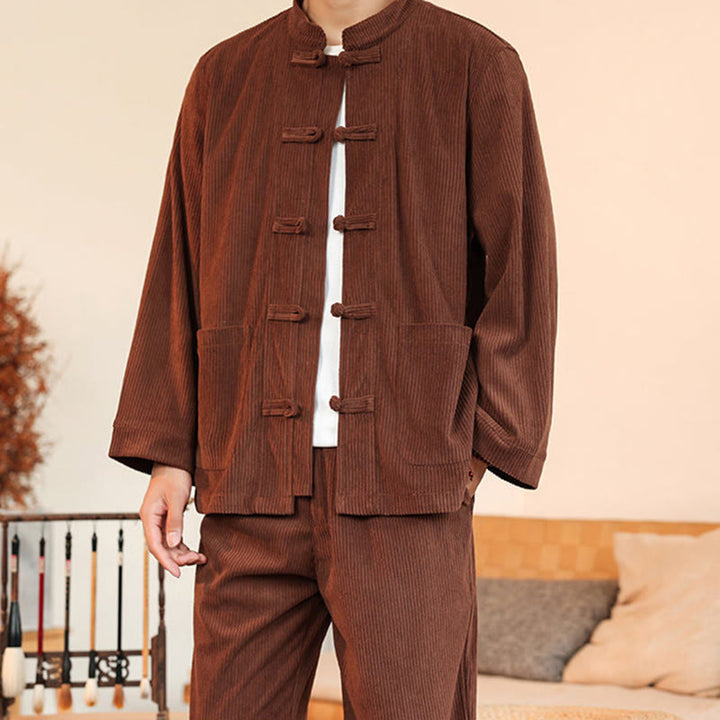 Set da 2 pezzi da uomo in velluto a coste di cotone con bottoni a rana, camicia a maniche lunghe e pantaloni, Buddha Stones - image 7