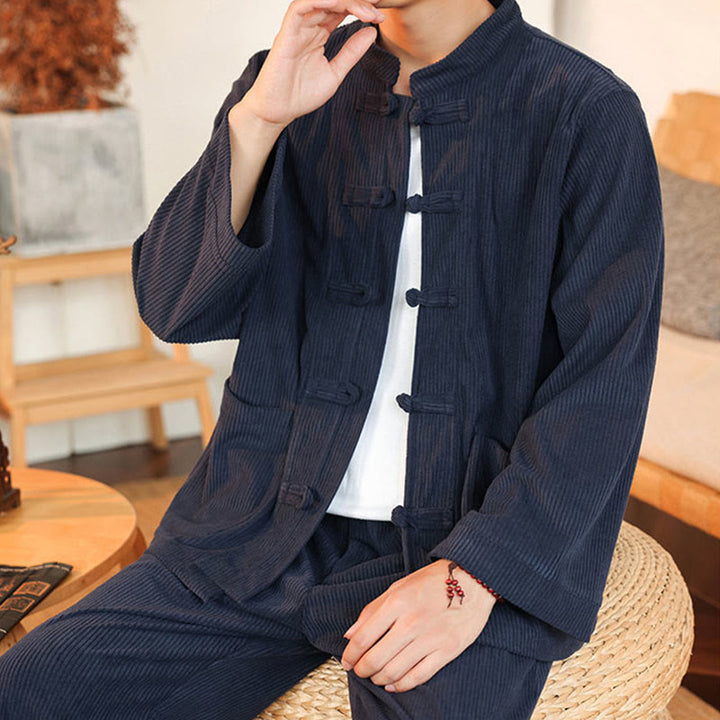 Set da 2 pezzi da uomo in velluto a coste di cotone con bottoni a rana, camicia a maniche lunghe e pantaloni, Buddha Stones - image 36