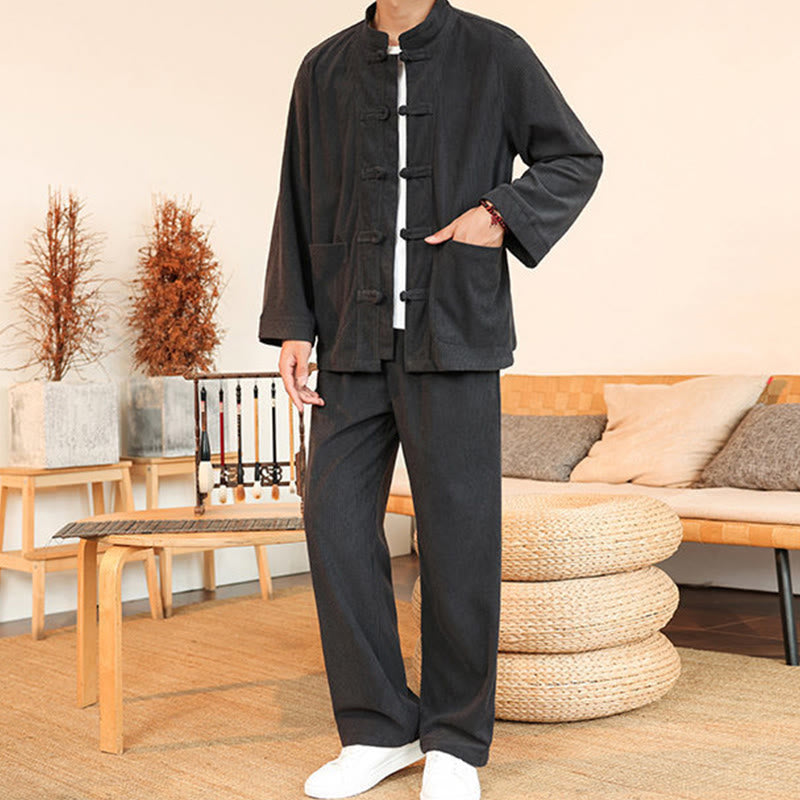 Set da 2 pezzi da uomo in velluto a coste di cotone con bottoni a rana, camicia a maniche lunghe e pantaloni, Buddha Stones - image 12