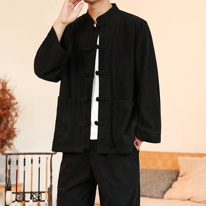 Set da 2 pezzi da uomo in velluto a coste di cotone con bottoni a rana, camicia a maniche lunghe e pantaloni, Buddha Stones - image 27