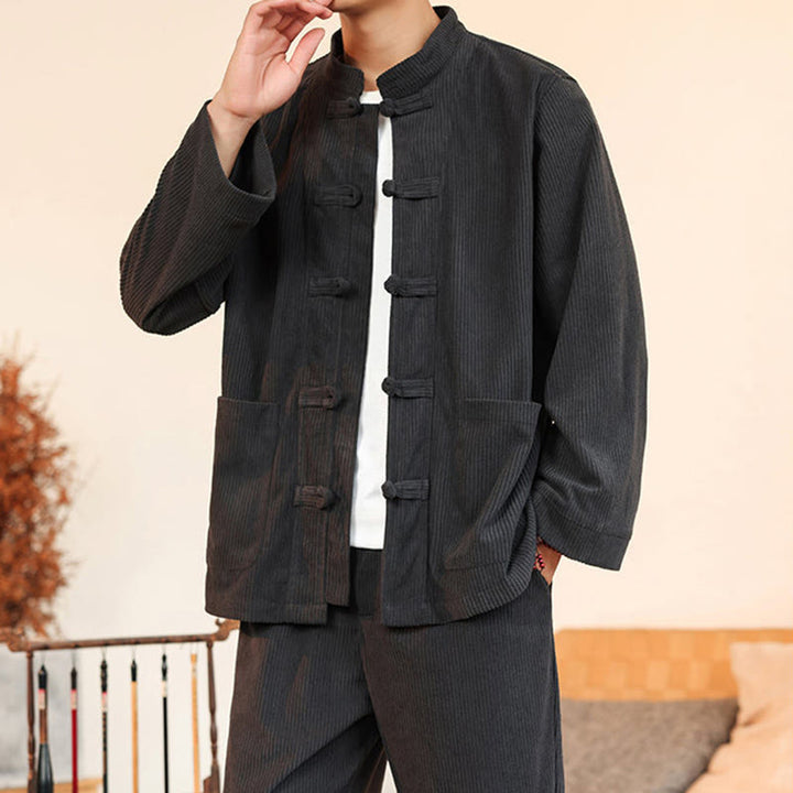 Set da 2 pezzi da uomo in velluto a coste di cotone con bottoni a rana, camicia a maniche lunghe e pantaloni, Buddha Stones - image 15