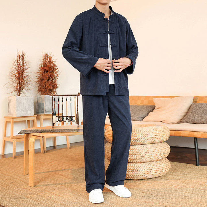 Set da 2 pezzi da uomo in velluto a coste di cotone con bottoni a rana, camicia a maniche lunghe e pantaloni, Buddha Stones - Blu notte - US/UK/AU46, EU56 (5XL) - image 29