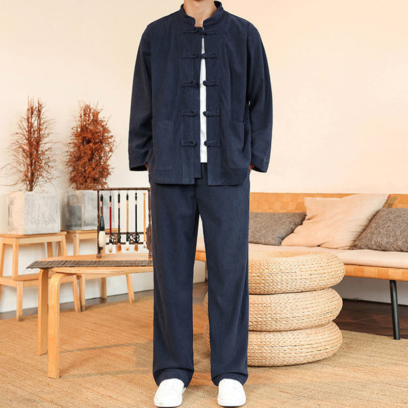 Set da 2 pezzi da uomo in velluto a coste di cotone con bottoni a rana, camicia a maniche lunghe e pantaloni, Buddha Stones - image 30