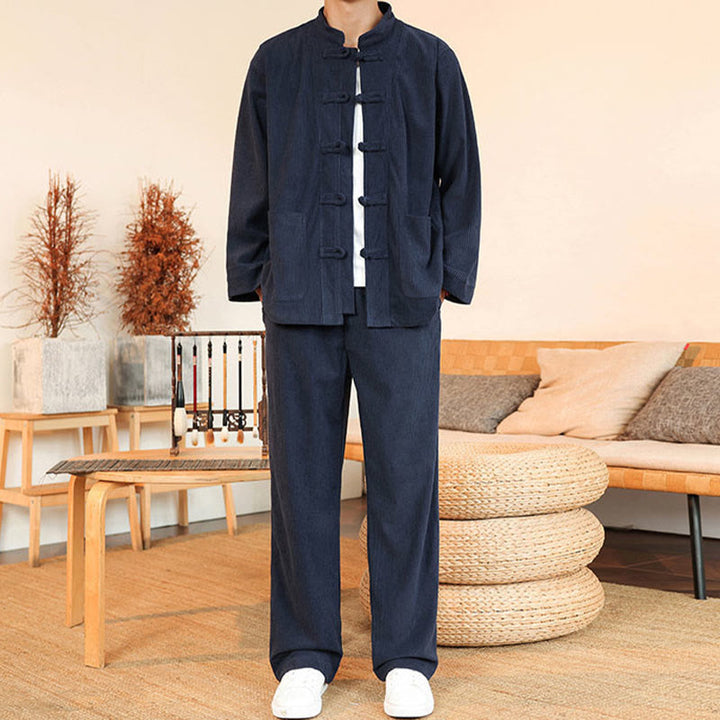 Set da 2 pezzi da uomo in velluto a coste di cotone con bottoni a rana, camicia a maniche lunghe e pantaloni, Buddha Stones - image 30