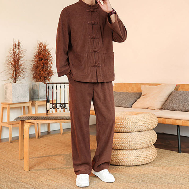 Set da 2 pezzi da uomo in velluto a coste di cotone con bottoni a rana, camicia a maniche lunghe e pantaloni, Buddha Stones - image 4