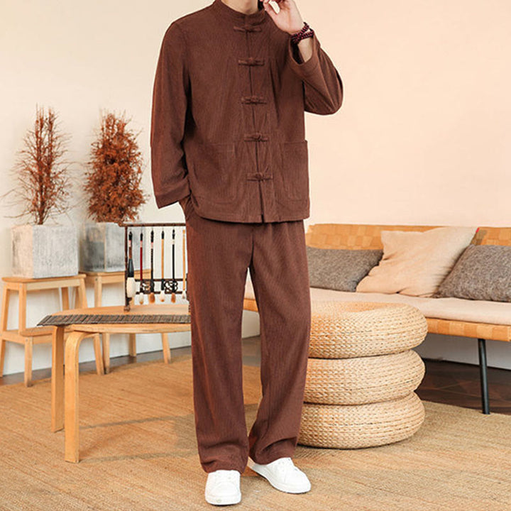 Set da 2 pezzi da uomo in velluto a coste di cotone con bottoni a rana, camicia a maniche lunghe e pantaloni, Buddha Stones - image 4