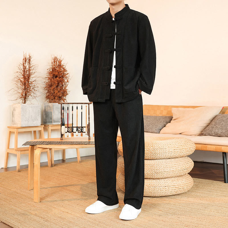 Set da 2 pezzi da uomo in velluto a coste di cotone con bottoni a rana, camicia a maniche lunghe e pantaloni, Buddha Stones - Nero - US/UK/AU46, EU56 (5XL) - image 21