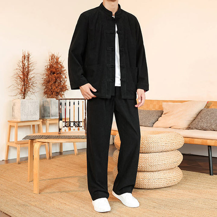 Set da 2 pezzi da uomo in velluto a coste di cotone con bottoni a rana, camicia a maniche lunghe e pantaloni, Buddha Stones - image 23