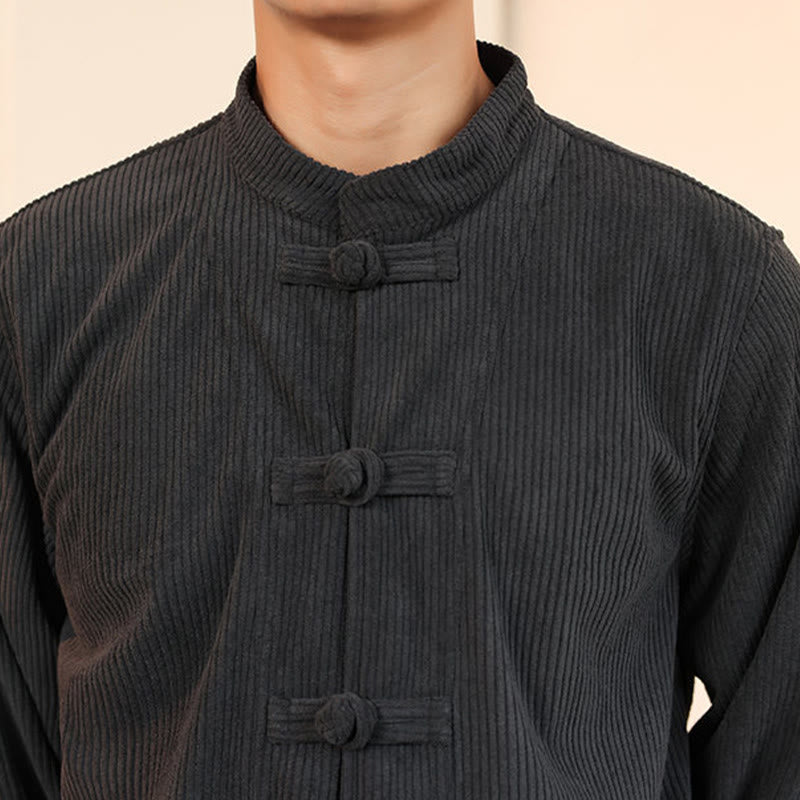 Set da 2 pezzi da uomo in velluto a coste di cotone con bottoni a rana, camicia a maniche lunghe e pantaloni, Buddha Stones - image 17
