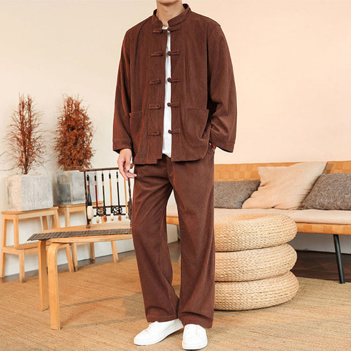 Set da 2 pezzi da uomo in velluto a coste di cotone con bottoni a rana, camicia a maniche lunghe e pantaloni, Buddha Stones - image 1