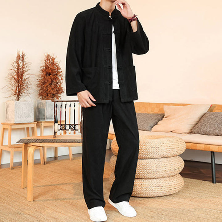 Set da 2 pezzi da uomo in velluto a coste di cotone con bottoni a rana, camicia a maniche lunghe e pantaloni, Buddha Stones - image 25