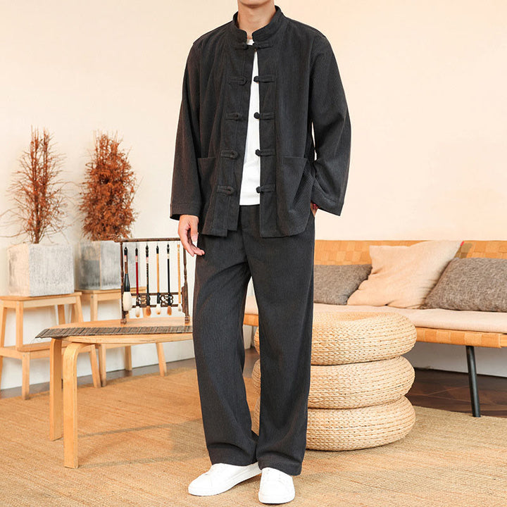 Set da 2 pezzi da uomo in velluto a coste di cotone con bottoni a rana, camicia a maniche lunghe e pantaloni, Buddha Stones - image 11