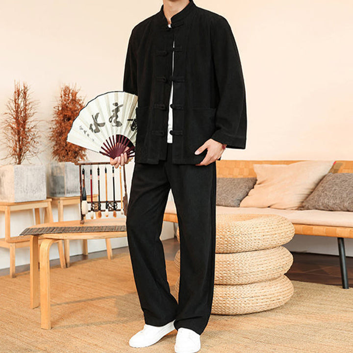 Set da 2 pezzi da uomo in velluto a coste di cotone con bottoni a rana, camicia a maniche lunghe e pantaloni, Buddha Stones - image 26
