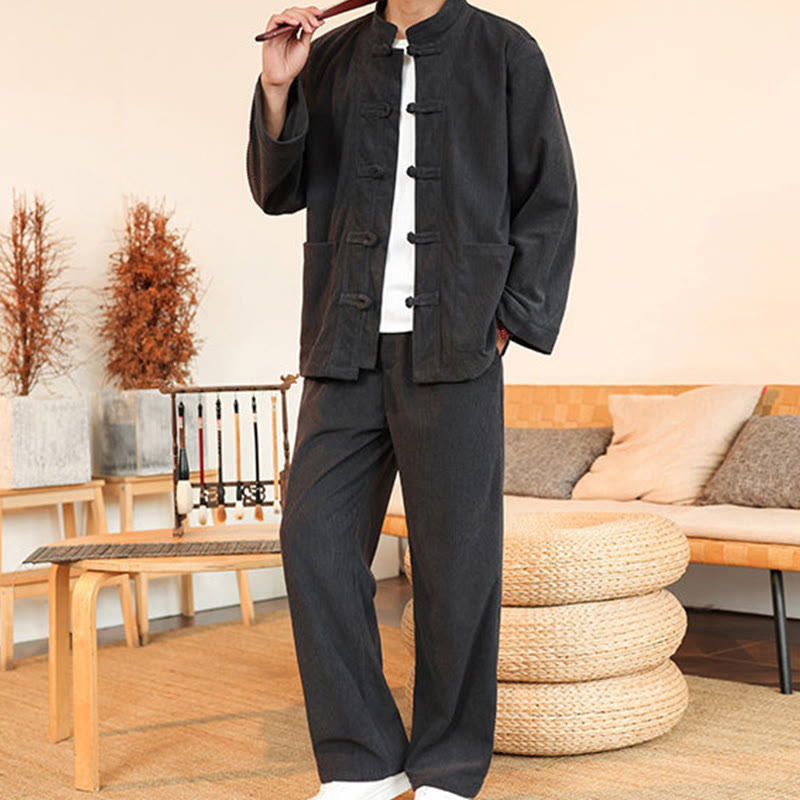 Set da 2 pezzi da uomo in velluto a coste di cotone con bottoni a rana, camicia a maniche lunghe e pantaloni, Buddha Stones - image 14