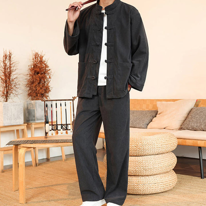 Set da 2 pezzi da uomo in velluto a coste di cotone con bottoni a rana, camicia a maniche lunghe e pantaloni, Buddha Stones - image 14