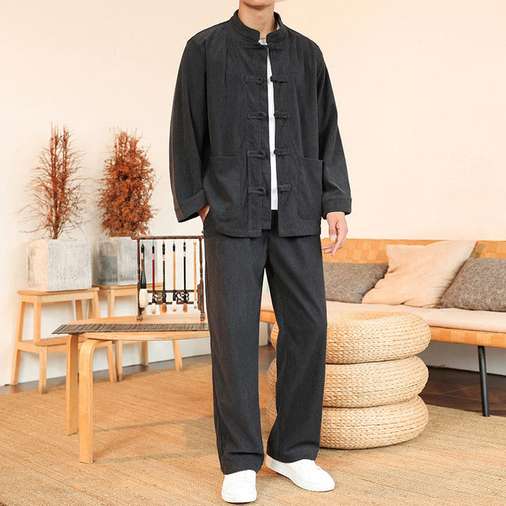 Set da 2 pezzi da uomo in velluto a coste di cotone con bottoni a rana, camicia a maniche lunghe e pantaloni, Buddha Stones - Grigio ardesia - US/UK/AU46, EU56 (5XL) - image 9