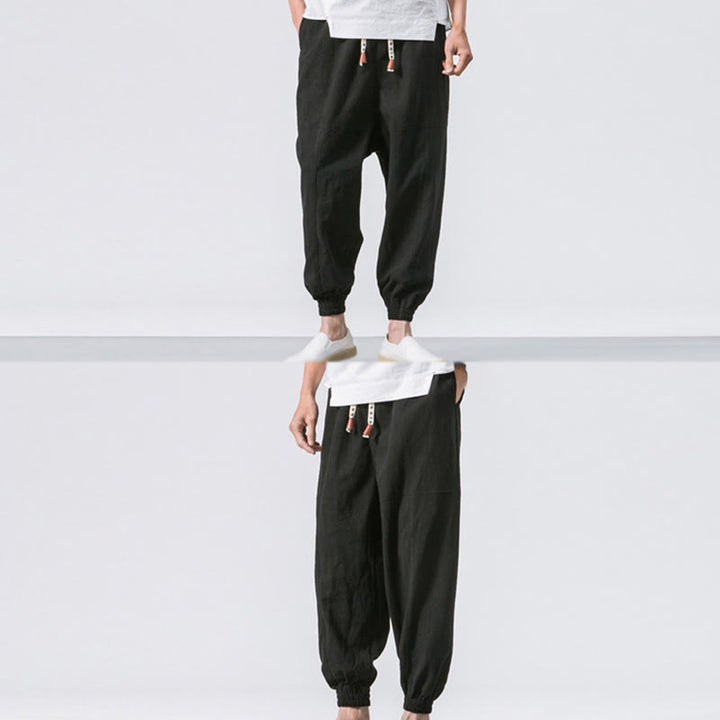 Pantaloni harem da uomo Buddha Stones, semplici, in cotone, con coulisse e tasche. - image 21