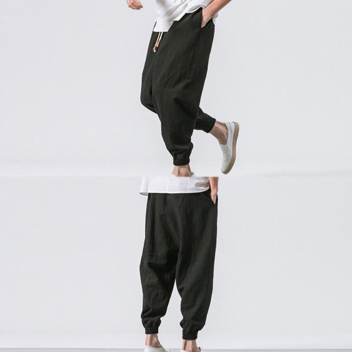 Pantaloni harem da uomo Buddha Stones, semplici, in cotone, con coulisse e tasche. - image 20