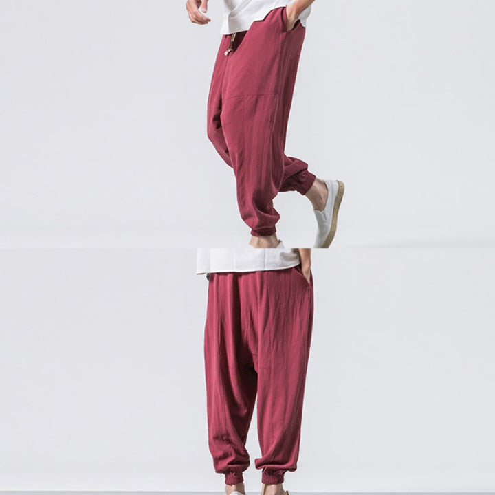 Pantaloni harem da uomo Buddha Stones, semplici, in cotone, con coulisse e tasche. - image 12