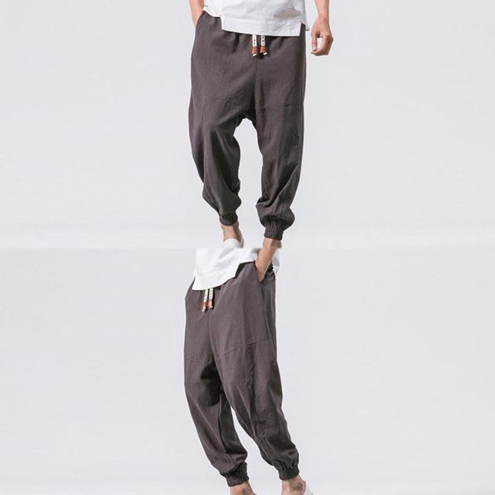 Pantaloni harem da uomo Buddha Stones, semplici, in cotone, con coulisse e tasche. - image 5