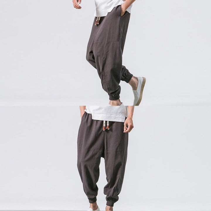 Pantaloni harem da uomo Buddha Stones, semplici, in cotone, con coulisse e tasche. - image 6