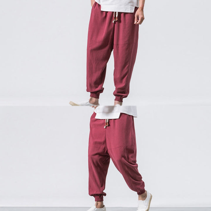 Pantaloni harem da uomo Buddha Stones, semplici, in cotone, con coulisse e tasche. - image 9