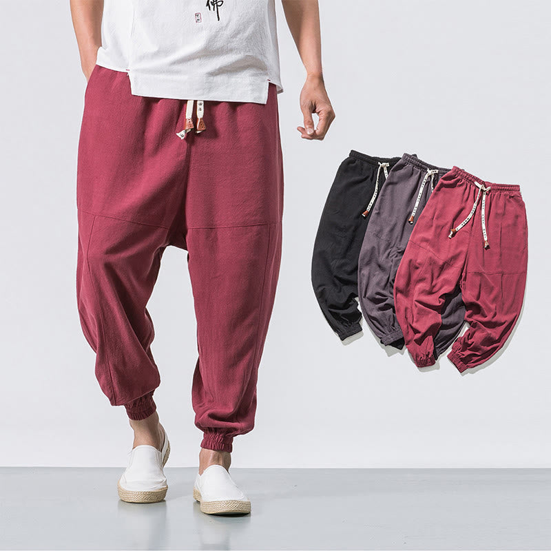 Pantaloni harem da uomo Buddha Stones, semplici, in cotone, con coulisse e tasche. - image 8