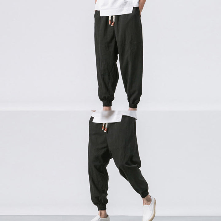 Pantaloni harem da uomo Buddha Stones, semplici, in cotone, con coulisse e tasche. - image 17
