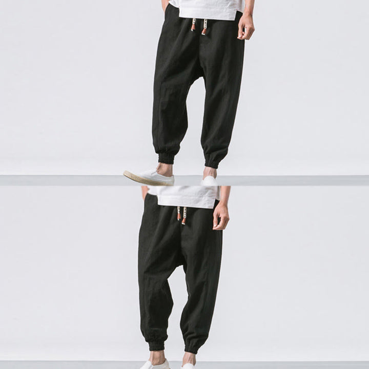Pantaloni harem da uomo Buddha Stones, semplici, in cotone, con coulisse e tasche. - image 19