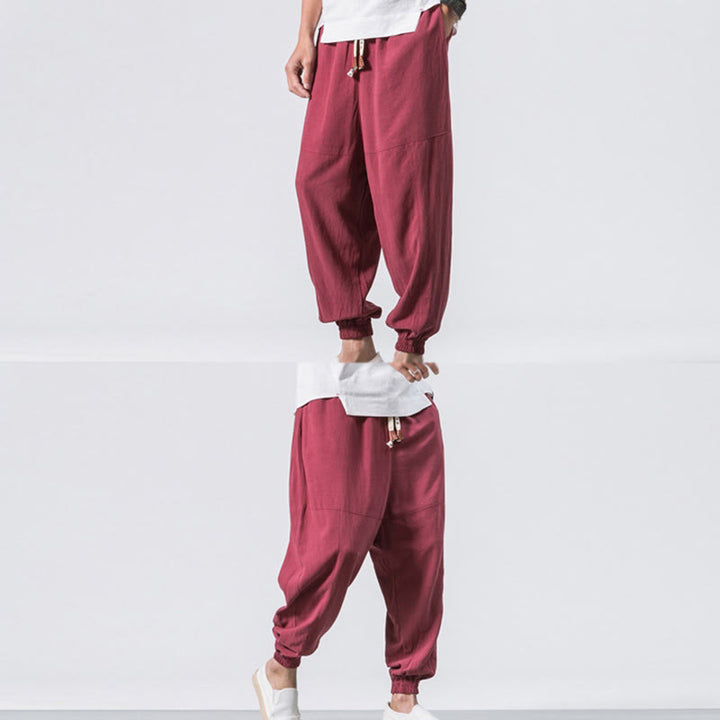 Pantaloni harem da uomo Buddha Stones, semplici, in cotone, con coulisse e tasche. - image 11