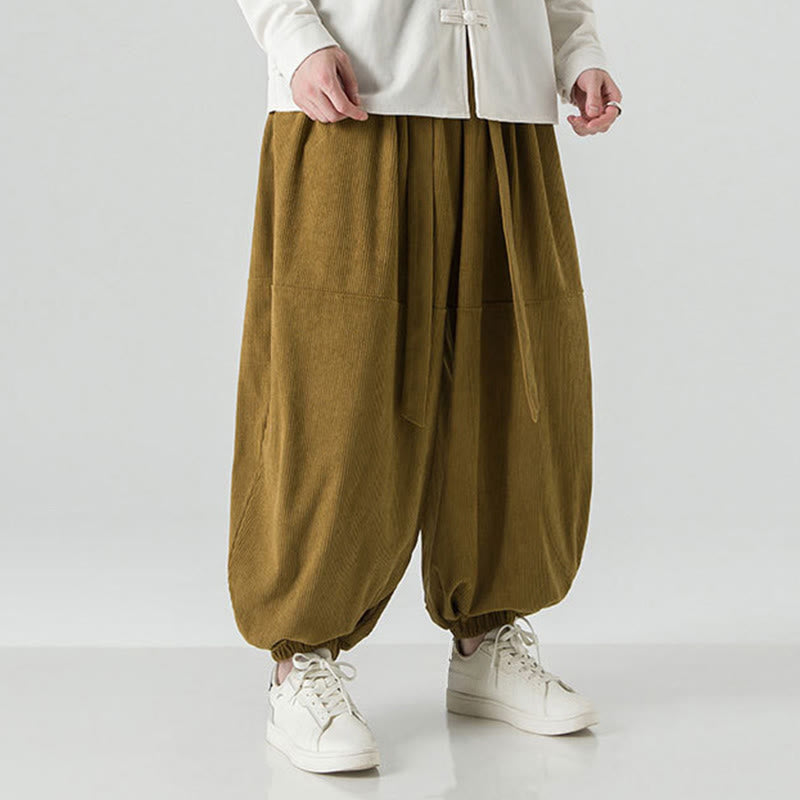 Pantaloni da uomo in velluto a coste di puro cotone con tasche, modello Harem, tinta unita, invernali, Buddha Stones - image 22