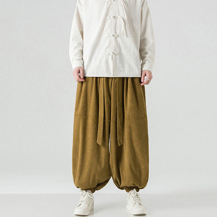 Pantaloni da uomo in velluto a coste di puro cotone con tasche, modello Harem, tinta unita, invernali, Buddha Stones - image 24