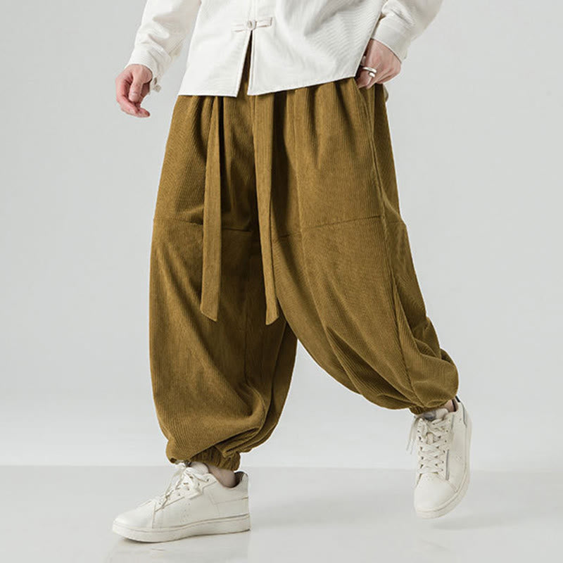 Pantaloni da uomo in velluto a coste di puro cotone con tasche, modello Harem, tinta unita, invernali, Buddha Stones - image 19